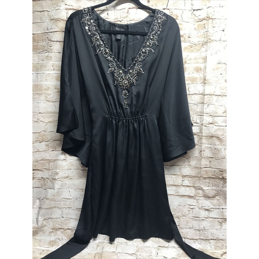 White House Black Market Blouse Size M Embellished Cold Shoulder Black Kaftan
